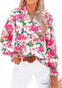 Camisa holgada de manga larga con estampado floral bohemio para mujer, camisa holgada con cuello en V para mujer transfronteriza teum
