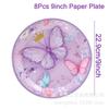 Vajilla desechable con forma de corona de mariposa morada, ideal para fiestas de cumpleaños, decoración, bandeja de papel, bandera y soporte para tartas.