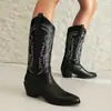 Nuevas botas de mujer de comercio exterior europeo y americano para otoño e invierno, talla 40-46, talla grande, punta fina, bordadas, tacón grueso, botas de montar, botas de vaquero, zapatos de mujer