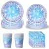 Set de decoración para fiesta de cumpleaños infantil con temática de Frozen, con platos de papel de copo de nieve, adornos para cupcakes y suministros para decoración de pancartas