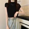 Damasco manga curta malha suéter feminino verão francês moda design sentido emagrecimento cintura alta ombro meia alta gola top