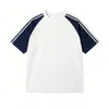 Nuevo modelo de verano transfronterizo, peso pesado 260 g, hilo doble de 32 hilos, cuello Solona, camiseta de manga corta raglán con rayas empalmadas