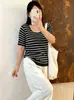 Camiseta de punto simple de manga corta con cuello cuadrado para mujer talla grande, otoño 2026, top casual versátil para mujer talla grande