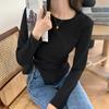 Camisa Básica Assimétrica Feminina Primavera e Outono Nova Gola Redonda Slim-fit Senso de Design Cordão Manga Longa Camiseta Camisa Básica Interna
