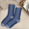 Novidade Outono Estilo Coreano Azul Sal Marinho Renda de Orelha de Madeira Meia de Cano Médio Feminina Retrô Versátil Sem Costura Estilo Floresta Estilo Acadêmico Algodão Empilhado