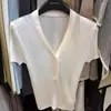Top de Punto Frutal de Doble Capa con Cuello en V para Mujer, Nuevo Estilo Francés Verano 2026, Versátil, Ajustado, Blusa de Manga Corta