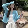 Cardigã de malha azul torcido para outono e inverno, top dopamina estilo coreano, casaco de suéter com padrão de coração
