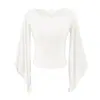 Camiseta de Manga Tres Cuartos Acampanada Color Café Estilo Suave para Mujer, Top Corto de Verano Elástico Ajustado que Muestra la Cintura