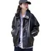 Chaqueta de Cuero Estilo Americano Cremallera Negra Botones Solapa Estilo Pareja Atractivo Estilo Motociclista Chaqueta de Cuero Ropa de Abrigo Temporada Otoño Invierno Mujer