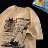 2025 Nueva Camiseta Casual Versátil de Manga Corta con Medio Mangas Estilo Hong Kong para Estudiantes, de Corte Holgado, con Dibujos Animados y Anime para Hombre