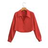 Moda Outono 2025 Nova Blusa de Cor Lisa com Botão Único Lapela Seda Cetim Manga Curta 2242/7964