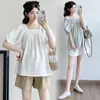 Conjunto de Maternidad Nuevo Verano 2026 Cuadrado Francés Plisado Dulce Holgado Babydoll Conjunto de Camisa