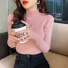 Suéter de malha de gola alta de alta qualidade para mulheres, base de malha canelada cinza slim-fit para outono e inverno, top interno estiloso de gola semi-alta