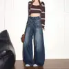 Pantalones de pierna ancha con diseño de bolsillo estilo americano para mujer, nuevo estilo otoño 2026, plisados, holgados, casuales, vaqueros rectos de caída suave
