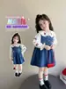 Conjunto de Vestido Mono de Mezclilla para Niñas, Nuevo Conjunto de Dos Piezas para Primavera y Otoño con Vestido Chaleco Bordado para Niños y Camisa con Cuello de Muñeca