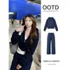 Jaqueta Moletom Cropped Azul Escuro Feminina Outono 2026 Novo Estilo Coreano Conjunto Completo Esportivo Casual
