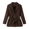 Blazer elegante de gamuza sintética color marrón oscuro para mujer, de comercio exterior transfronterizo, con solapa, de un solo botón, cinturón y diseño de cintura con lazo