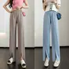 Pantalones Casuales de Seda de Hielo con Aberturas para Mujer, Ropa Exterior de Verano, Pantalones de Pierna Ancha de Cintura Alta, Pantalones Ligeros Sueltos Dagging, Pantalones Rectos de Color Sólido