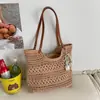 Bolsa Tote Vazada de Grande Capacidade Moda Tendência Bolsa de Ombro com Zíper Bolsa de Crochê para Férias na Praia Viagem