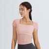 Ropa de Yoga de Verano para Mujer Top con Sentido de Alta Gama Manga Corta Cinturón de Fitness Almohadilla en el Pecho Mono Cintura Ceñida Pilates Entrenamiento Estilo Delgado