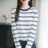 Suéter de Punto de Algodón Puro de Otoño Temprano 2025 Transfronterizo de Manga Larga con Cuello Redondo a Rayas Color Block Suéter Holgado Camiseta Básica para Mujer