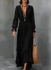 Vestido Longo Feminino Europeu e Americano Transfronteiriço Cor Sólida Decote V Boêmio Irregular Babado Chiffon Manga Longa