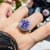 Anillo Abierto Elegante con Colgante de Girasol, Color Cambiante de Lámpara Fluorescente, Corte Cielo Estrellado de 5 Quilates, Zirconia Rosa Kunzita para Mujer
