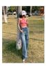 Jeans Reto de Perna Larga Estampado Retro Estilo Americano Alto Verão Feminino Cintura Alta Solto Modelador