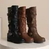 Botas de montar para mujer europeas y americanas talla 35-45 para otoño e invierno, botas de cuero de caña alta con punta redonda, suela gruesa, tacón cuadrado antideslizante, talla grande para ventas transfronterizas