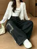 Jeans Denim Workwear Azul Escuro Retrô Tamanho Grande para Mulheres Gordas Estilo de Rua Americano Calças de Perna Larga Soltas Emagrecedoras