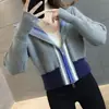 Cardigan de Tricô com Capuz e Zíper Duplo Listrado Contrastante Novo Estilo Outono e Inverno Jaqueta Suéter Estilo Coreano Preguiçoso Solta Emagrecedora