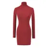 Vestido Bodycon de Gola Alta com Manga Longa e Forro de Lã Estilo Europeu e Americano, Nova Moda Outono e Inverno Slim-Fit Cor Sólida Vestido Curto Básico Hot Girl