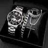 Relógio Masculino Moda Tendência Falso Três Olhos Calendário Relógio 4 Peças/Conjunto Masculino Preto Minimalista Conjunto de Relógio de Quartzo
