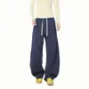 Pantalones de Chándal Azules Marino Estilo Americano para Hombre, Estilo Perezoso de Primavera y Otoño, Pantalones Anchos Rectos Sueltos con Retazos Desconstruidos