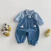 Conjunto Macacão de Pato Desenho Animado para Bebê Estilo Novo de Primavera, Macacão Unissex para Bebê, Conjunto de Duas Peças com Camisa Xadrez