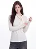 Top de malha estilo francês para mulheres, nova coleção de outono, manga longa justo, suave e elegante, efeito emagrecedor, com detalhe de amarração, perfeito como base