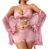 Lencería sexy nueva transfronteriza, body de camisola sensual con encaje hueco y detalles de diamantes para mujer, conjunto de pijama y bata, venta al por mayor