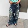 Calça Cargo Camuflada Lavada Estilo Retrô Americano Rasgada Perna Larga Unissex Estilo de Rua Solta Versátil Jeans de Perna Reta