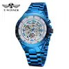 Vencedor Estilo Europeu e Americano Moda Masculina Casual Elegante Mostrador Azul Vazado Relógio Mecânico Automático Venda por Atacado Disponível