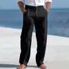 Pantalones largos de algodón y lino para hombre estilo americano transfronterizos con decoración de botones y cordón, pantalones de playa de verano, corte recto, color liso, transpirables, comercio exterior