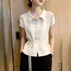 Top Versátil de Manga Corta Estilo Francés para Mujer, Nuevo Modelo Verano 2026, Color Albaricoque, Cuello Camisero, Abotonado, de Atar, Diseño de Moda