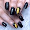 Manicure Preta, Manicure Quadrada Europeia de Comprimento Médio, Adesivos para Unhas Postiças com Padrão de Folha Dourada, Removíveis 24 Peças