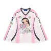 Camiseta de manga larga con estampado de dibujos animados retro americano, bloques de color, cuello en V, para hombre y mujer, nuevo estilo de otoño, top versátil casual holgado, moderno