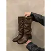 Botas de salto alto, estilo retrô, de cano até o tornozelo, marrons, botas de montaria de cano longo, sapatos femininos, nova coleção outono/inverno 2024, botas de comprimento médio