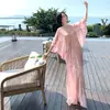 Novo Vestido Jacquard Relaxado com Laço no Pescoço Estilo Chinês, Emagrecedor Estilo Nacional Vestido Longo de Férias, Rosa Transparente Estilo Morcego