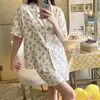 Pijama de Algodón Burbuja Estilo Nuevo Cárdigan para Mujer Verano Pantalones Cortos de Manga Corta Estilo Popular de Ins Tela Arrugada Traje de Estudiante Ropa para el Hogar
