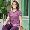 Nuevo traje de estilo chino de manga corta para mujer, ropa para madre de mediana edad y anciana, top de botones, pantalones de pierna ancha, blusa retro que reduce la edad, talla grande