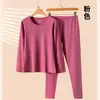 Conjunto de ropa interior térmica para mujer hecho de terciopelo cepillado de doble cara, engrosado, cuello redondo, adecuado para mediana edad y personas mayores, incluye parte superior e inferior