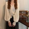 Suéter Branco Decote em V Pequeno Cardigan Suéter de Manga Longa Mulheres Outono e Inverno Vento Transfronteiriço Novo Estilo Coreano Lanterna Manga Top