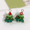 Brincos de botão de cristal com contas de árvore de Natal tridimensional de indústria pesada, laço vermelho, clip de orelha, brincos doces feitos à mão, acessórios